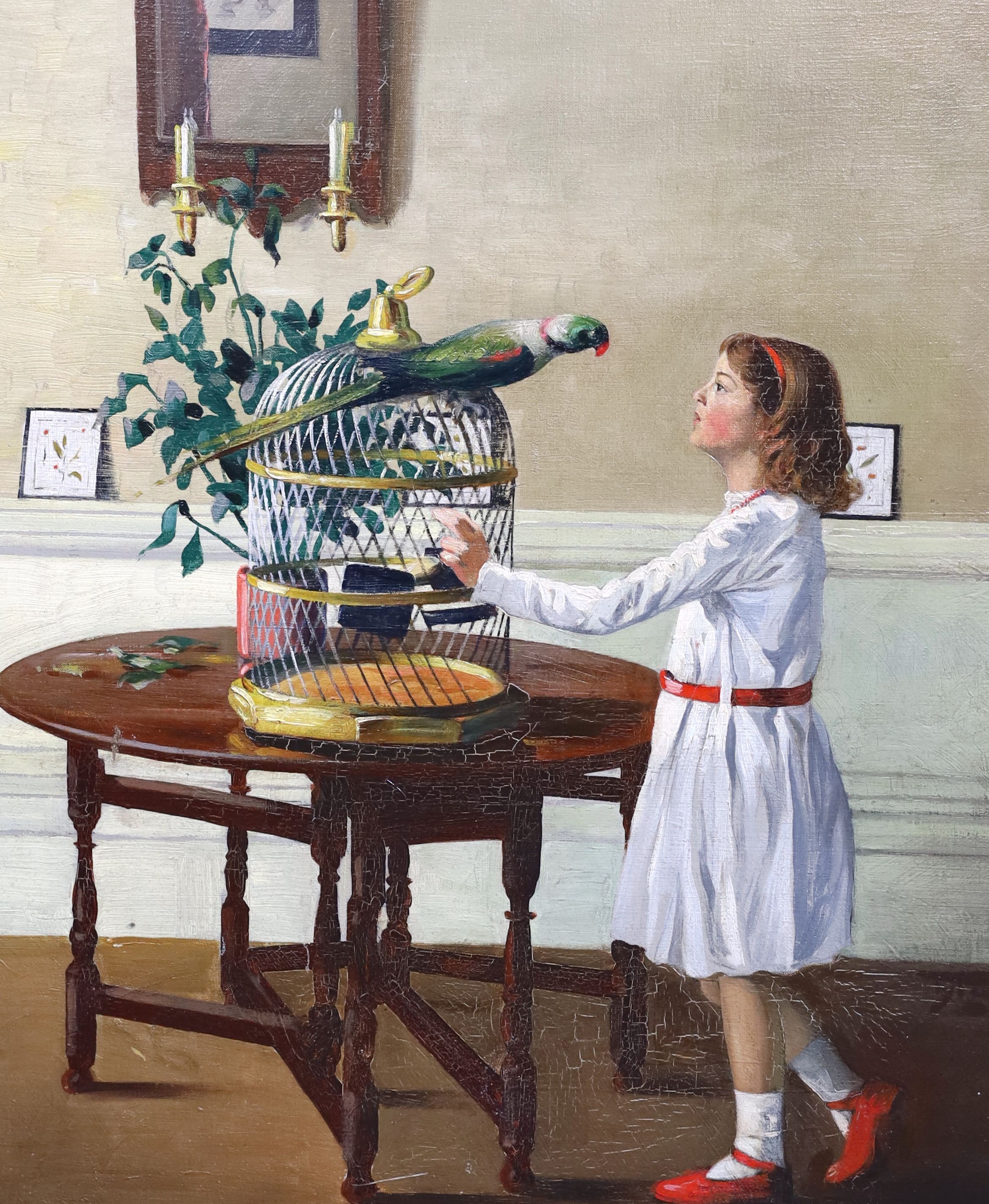 Modern British , Interior with girl and parakeet, oil on canvas, 73 x 61cm